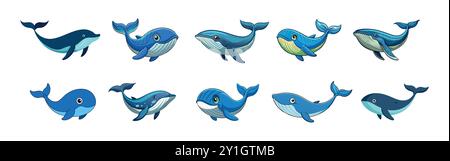 Ensemble de baleines de dessins animés mignons isolés sur un fond blanc. Concept d'animaux marins, adorables créatures marines, vie océanique. Icône, illustration, design e Illustration de Vecteur