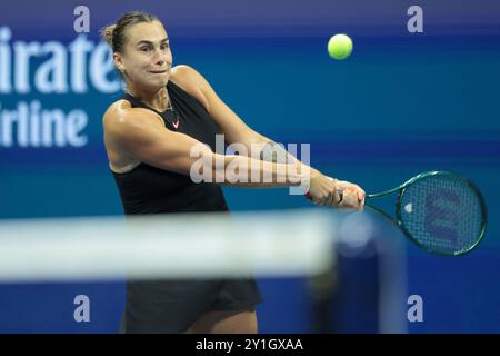 New York, Etats-Unis. 06 septembre 2024. Aryna Sabalenka de Biélorussie pendant le jour 11 de l'US Open 2024, tournoi de tennis Grand Chelem le 5 septembre 2024 au USTA Billie Jean King National Tennis Center à New York, États-Unis - photo Jean Catuffe/DPPI crédit : DPPI Media/Alamy Live News Banque D'Images