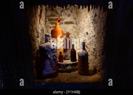 Bouteilles pétrifiées dans le sous-sol de la source thermale de Vrdlo à Karlovy Vary, Bohême, République tchèque Banque D'Images