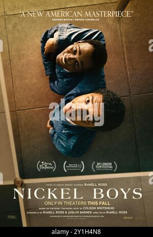 Nickel Boys (2024) réalisé par RaMell Ross et mettant en vedette Ethan Cole Sharp, Sam Malone et Najah Bradley. Adaptation du roman de Colson Whitehead sur une amitié entre deux jeunes hommes afro-américains naviguant ensemble dans les épreuves douloureuses de l'école de réforme en Floride. Affiche US Advance ***USAGE ÉDITORIAL SEULEMENT***. Crédit : BFA / Orion Pictures Banque D'Images