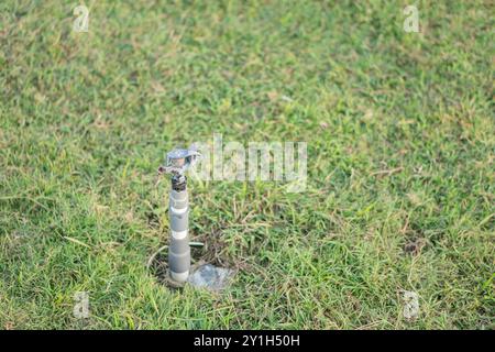 Vue rapprochée d'une tête sprinkleur installée dans une zone herbeuse. L'arroseur est positionné verticalement, entouré d'herbe verte luxuriante, indiquant un puits Banque D'Images