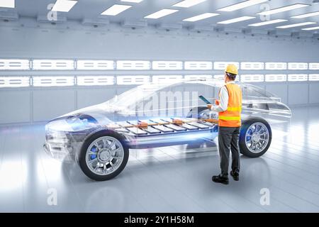 Ingénieur ou technicien asiatique travaillent avec la voiture ev en usine Banque D'Images