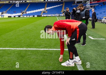 CARDIFF, PAYS DE GALLES - 06 SEPTEMBRE 2024 : Kieffer Moore du pays de Galles lors du match du Groupe H 2025 de l'UEFA Nations League entre le pays de Galles et la Turquie au CIT de Cardiff Banque D'Images