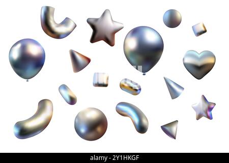 Confetti 3d vecteur de figure chromée, figures. y2k style, étoile et éléments pour la conception félicitations, poster.sur fond blanc Illustration de Vecteur