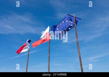 Le drapeau de l'Union européenne drapeau de la Slovaquie et drapeau tchèque soufflent ondulant et flottant dans le vent sur des drapeaux de mât de drapeau en bois contre le ciel bleu Banque D'Images