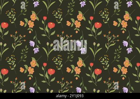 Floral Seamless Pattern Design de style plat coloré sur fond vert foncé Illustration de Vecteur