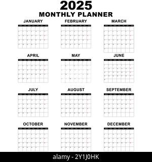 Modèle de calendrier mensuel pour l'année 2025. Calendrier mural dans un style minimaliste. La semaine commence le lundi. Planificateur pour 2025 année. Calendrier simple 2025. Illustration de Vecteur