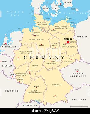 Allemagne, officiellement la République fédérale d'Allemagne, carte politique. Pays en Europe centrale avec la capitale Berlin. Carte des 16 états constitutifs. Banque D'Images