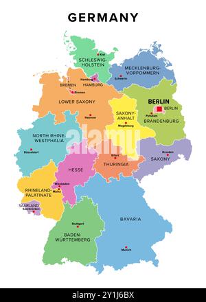 Allemagne, 16 états constitutifs avec des frontières et des capitales, carte politique multicolore. La République fédérale d'Allemagne, un pays d'Europe centrale. Banque D'Images