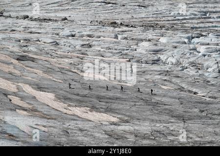 Silhouettes de 6 marcheurs traversant les glaciers de la Tour et les champs de crevasse sécurisés ensemble avec des cordes à Chamonix en France Banque D'Images