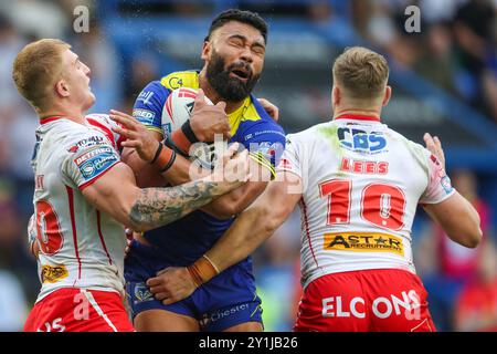 Warrington, Royaume-Uni. 07 septembre 2024. Zane Musgrove de Warrington Wolves est attaqué lors du match Betfred Super League Round 25 Warrington Wolves vs St Helens au stade Halliwell Jones, Warrington, Royaume-Uni, le 7 septembre 2024 (photo par Gareth Evans/News images) à Warrington, Royaume-Uni le 7 septembre 2024. (Photo de Gareth Evans/News images/SIPA USA) crédit : SIPA USA/Alamy Live News Banque D'Images