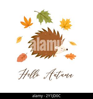 Bonjour lettrage d'automne avec hérisson mignon et feuilles d'automne tombant Illustration de Vecteur