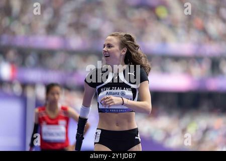 Paris, France. 07 septembre 2024. Anna Grimaldi, néo-zélandaise, participe au 100 mètres T47 féminin lors du jour 10 des Jeux Paralympiques de 2024 au stade de France à Paris. Crédit : SOPA images Limited/Alamy Live News Banque D'Images