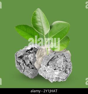 Semis avec des feuilles poussant à partir de boules de papier d'aluminium froissées sur fond vert. Recyclage Banque D'Images