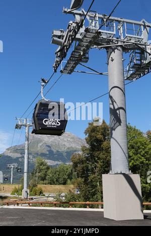 Télé-abine et pylône. Ascenseur le Valléen. Aiguilles de Warens. Saint-Gervais-les-bains. Haute-Savoie. Auvergne-Rhône-Alpes. France. Europe. Banque D'Images