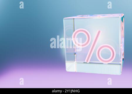 Symbole de pourcentage lumineux dans un cube translucide, représentant les ventes et les remises. rendu 3d. Banque D'Images