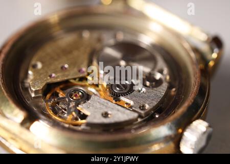 Mechanism of vintage wrist watch on light background, closeup Banque D'Images