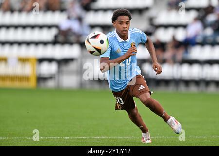 Tubize, Belgique. 07 septembre 2024. Noah Fernandez (20 ans) de Belgique photographié lors d'un match amical de football entre les équipes nationales de Belgique et d'Autriche de moins de 19 ans le samedi 7 septembre 2024 à Tubize, Belgique . Crédit : Sportpix/Alamy Live News Banque D'Images