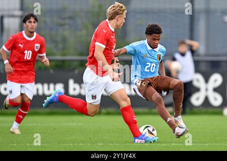 Noah Fernandez (20 ans) de Belgique photographié lors d'un match amical de football entre les équipes nationales de Belgique et d'Autriche de moins de 19 ans le samedi 7 septembre 2024 à Tubize , Belgique . PHOTO SPORTPIX | David Catry Banque D'Images