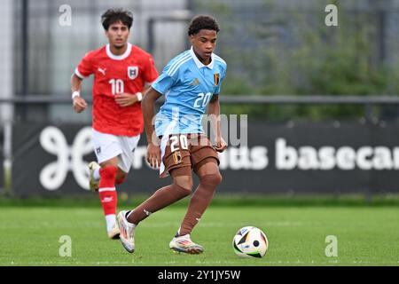 Noah Fernandez (20 ans) de Belgique photographié lors d'un match amical de football entre les équipes nationales de Belgique et d'Autriche de moins de 19 ans le samedi 7 septembre 2024 à Tubize , Belgique . PHOTO SPORTPIX | David Catry Banque D'Images