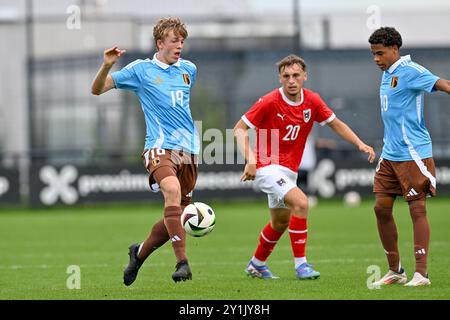 Tubize, Belgique. 07 septembre 2024. Nicolas Verkooijen (19 ans), de Belgique, et Noah Fernandez (20 ans), de Belgique, photographiés lors d'un match amical entre les équipes nationales de Belgique et d'Autriche des moins de 19 ans, le samedi 7 septembre 2024 à Tubize, Belgique . Crédit : Sportpix/Alamy Live News Banque D'Images