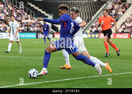 Desire Doue lors du Championnat UEFA des moins de 21 ans 2025, qualificatifs, match de football du Groupe H entre la France et la Slovénie le 6 septembre 2024 au stade Raymond Kopa à Angers Banque D'Images