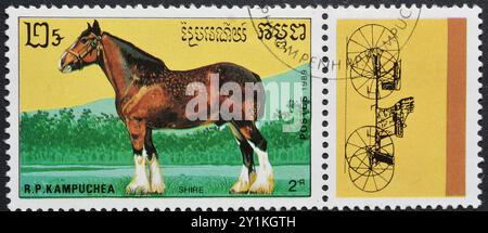 Timbre-poste oblitéré imprimé par le Cambodge, qui montre le cheval de Shire (Equus ferus caballus), vers 1989. Banque D'Images