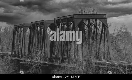 Photo en noir et blanc d'un vieux pont de chemin de fer abandonné sur une rivière entourée d'arbres en hiver. Banque D'Images