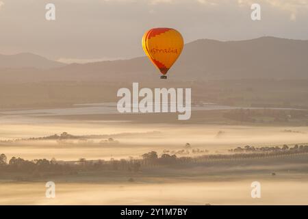 Une montgolfière survolant des vignobles brumeux tôt le matin dans la Yarra Valley, Victoria, Australie Banque D'Images