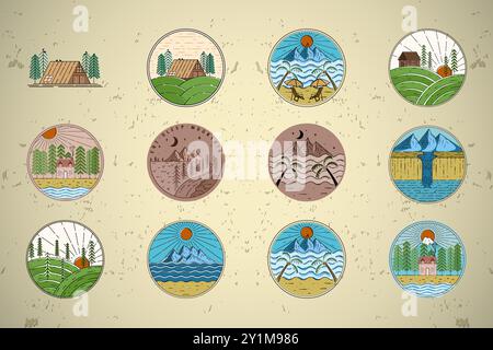 Jeu de badge logo extérieur. Ensemble de cabane, chalet, montagne, plage, colline et modèle de logo de cascade. Emblème logo vintage pour chemises, timbres, autocollants, Illustration de Vecteur