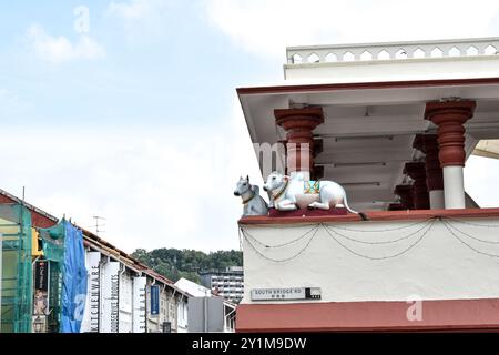 Chinatown, Singapour – 19 juin 2023 : belles sculptures au temple Sri Mariamman, le plus ancien temple hindou de Singapour Banque D'Images