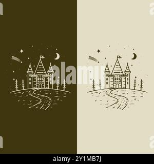 Castle at Night Line Art illustration vectorielle logo Design Illustration de Vecteur