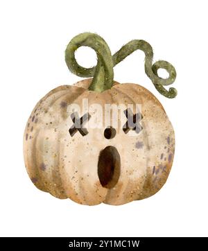 Une citrouille originale et vieillie affichant une expression surprise, idéale pour les créations artistiques sur le thème de Halloweenthemed. Objet isolé sur fond blanc pour la conception d'un livret, flyer, e-pack, sites web, articles, étiquette ou publicité. Art numérique dans le style aquarelle. Banque D'Images