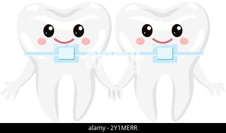 Deux dents de bande dessinée avec accolades pour la dentisterie pédiatrique. Redresser les dents tordues. Illustration de Vecteur