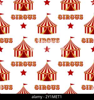 Seamless pattern with a circus theme. A red and yellow striped circus tent, stars, and the vintage word CIRCUS on a white background.For carnival Stock Vector