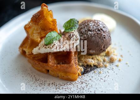 Gaufre à la crème glacée au chocolat servie avec crumble de biscuits, crème fouettée et banane sur l'assiette Banque D'Images