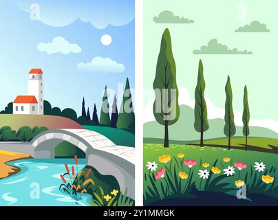 Paysage de printemps avec vecteur de montagnes Illustration de Vecteur