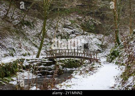 Une passerelle en bois voûtée au-dessus de Hardraw Beck, près de Hardraw Force un jour d'hiver neigeux en décembre Banque D'Images