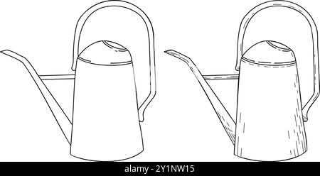 Outils de jardinage icônes linéaires et doodles. Arrosoir, arrosage, irrigation, pulvérisation. Pour les fleuristes, les fleuristes, les jardiniers, les soins des plantes. Dessin au trait Illustration de Vecteur