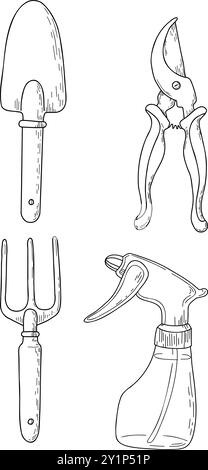 Outils de jardin icônes linéaires et doodles. Râteau de jardin, fourchette de jardin, truelle à fleurs, cultivateur à main, sécateurs, arrosoir, vaporisateur, sécateur Illustration de Vecteur