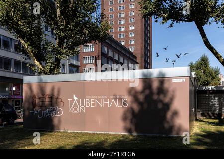 Pigeonnier sur la rue Hansaring, derrière le bâtiment Hansa, Cologne, Allemagne. Dans le pigeonnier, les animaux sont pourvus d'espèces Banque D'Images