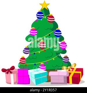 Graphique de dessin animé d'arbre de Noël avec des boules, des lumières et des cadeaux ou des cadeaux isolés sur un fond blanc Illustration de Vecteur