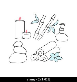 Art vectoriel des éléments de spa, y compris des bougies, du bambou et des serviettes, idéal pour les concepts de relaxation et de bien-être. Illustration de Vecteur