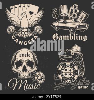 Ensemble de conception gangsta. Impression vintage, logo, conception de badge avec voiture rétro, carte à jouer au poker, jetons de casino, rose, colombe, pigeon, deux dés, knuckle, arme Illustration de Vecteur