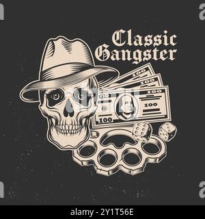 Gangster classique. Vintage imprimé, logo, conception d'insigne avec crâne humain dans le chapeau de gangster, deux dés, Knuckle, et silhouette d'argent. Illustration vectorielle. Illustration de Vecteur