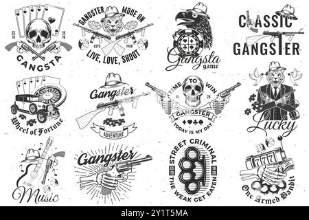 Ensemble d'écusson de club de gangster. Vecteur. Étiquette monochrome vintage, autocollant, patch avec gangster, pistolet mitrailleur, gangster tigre, silhouettes de crâne. Illustration de Vecteur