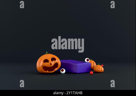 Podium rendu en 3D sur le thème d'Halloween avec citrouilles, boîtes cadeaux et globes oculaires. Parfait pour les promotions saisonnières, le marketing des fêtes, ou Spooky-Theme Prod Banque D'Images