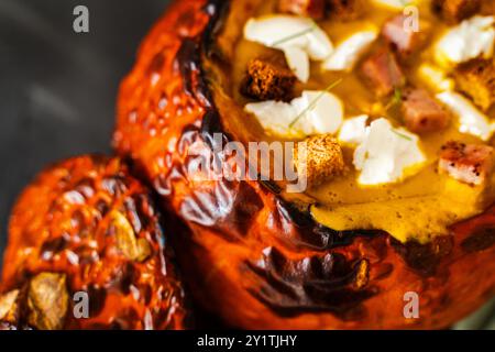 Citrouille cuite avec soupe à la crème avec fromage cottage et croûtons sur une table ou un fond gris foncé. Gros plan. Copyspace. Plat d'automne pour Halloween. Hig Banque D'Images