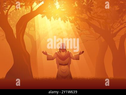 Jésus en prière parmi les oliviers anciens de Gethsémani. Des images dramatiques capturent la solennité et la sérénité de ce moment sacré Illustration de Vecteur
