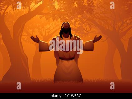 Jésus en prière parmi les oliviers anciens de Gethsémani. Des images dramatiques capturent la solennité et la sérénité de ce moment sacré. Illustration de Vecteur
